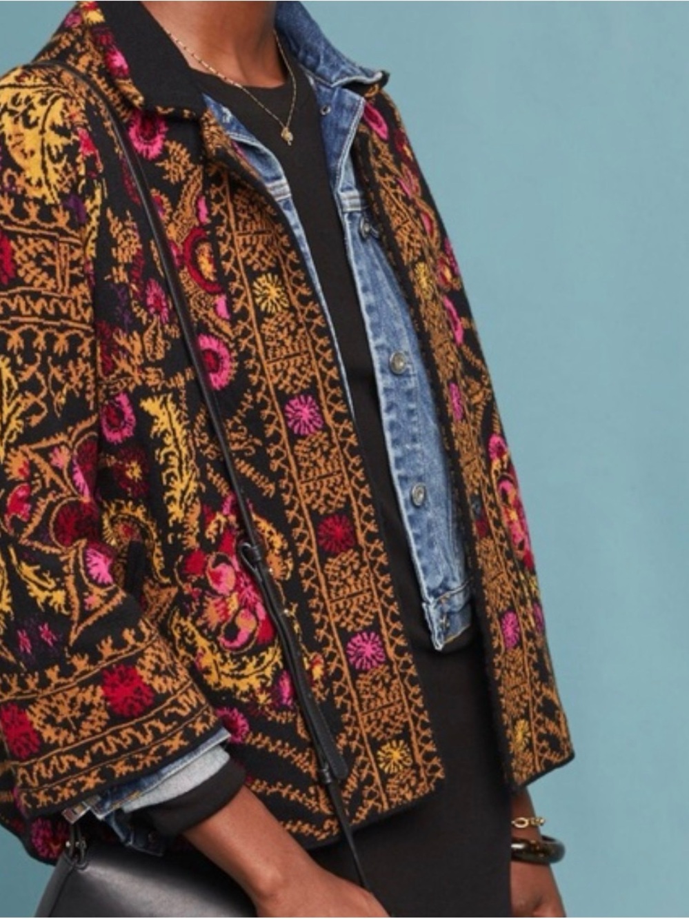 Anthropologie Moth Black Jacket with Pink & Gold Pattern Sz XS